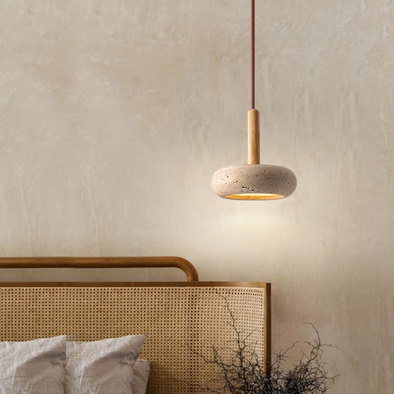 Japanse Hanglamp – Geel Travertin met Houten Accent en Geïntegreerde LED