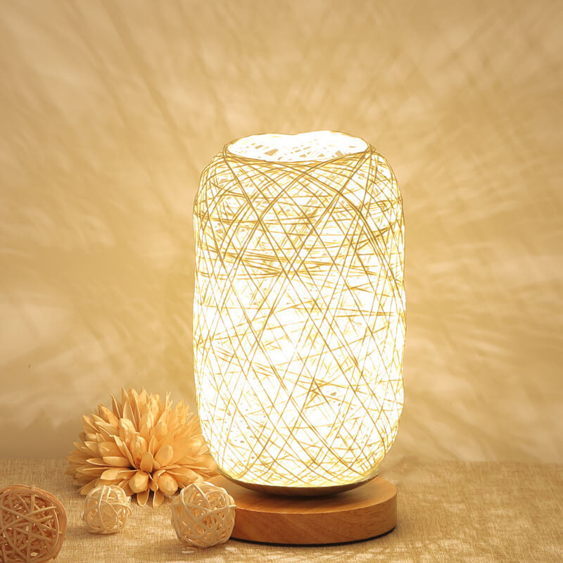 Industriële Rotan & Houten Tafellamp – Beige/Bruin – 5V LED 3W 300lm