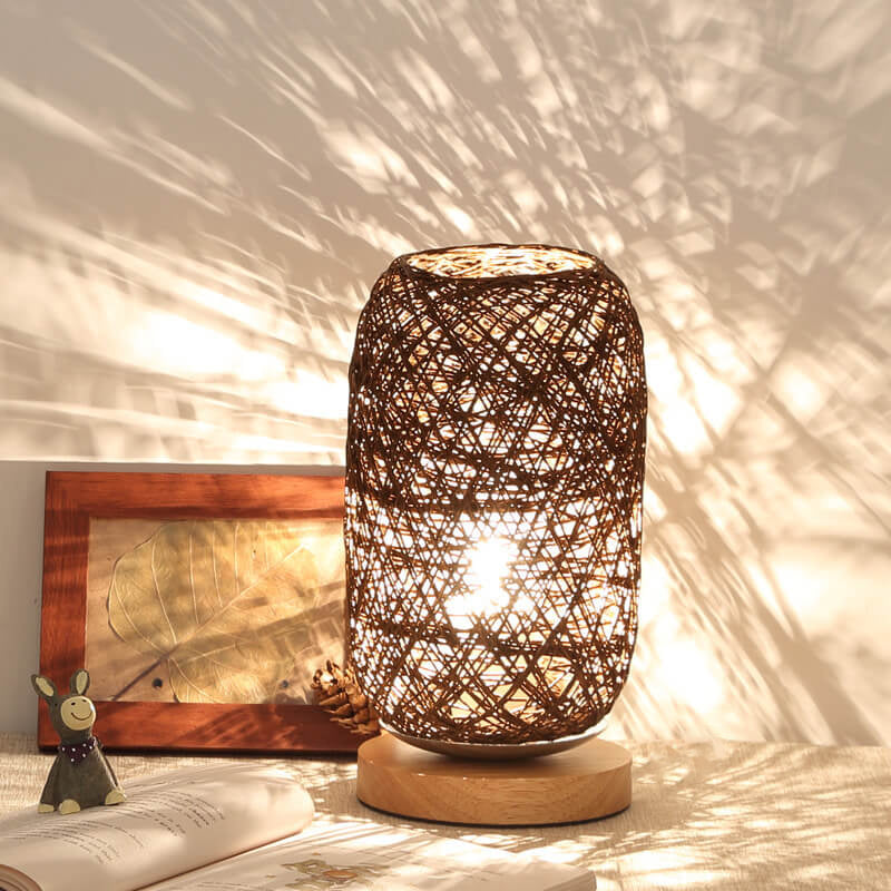 Industriële Rotan & Houten Tafellamp – Beige/Bruin – 5V LED 3W 300lm