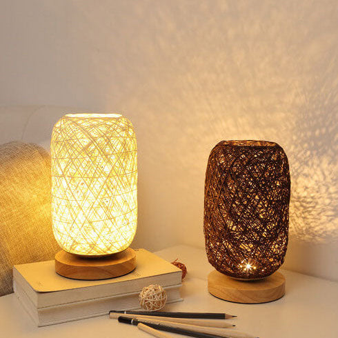 Industriële Rotan & Houten Tafellamp – Beige/Bruin – 5V LED 3W 300lm