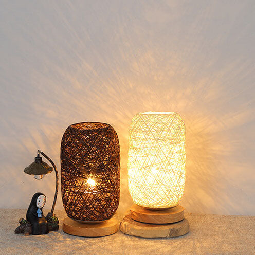 Industriële Rotan & Houten Tafellamp – Beige/Bruin – 5V LED 3W 300lm