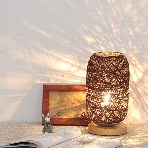 Industriële Rotan & Houten Tafellamp – Beige/Bruin – 5V LED 3W 300lm
