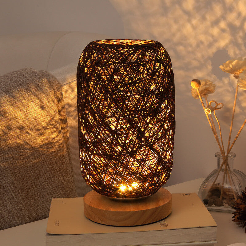 Industriële Rotan & Houten Tafellamp – Beige/Bruin – 5V LED 3W 300lm