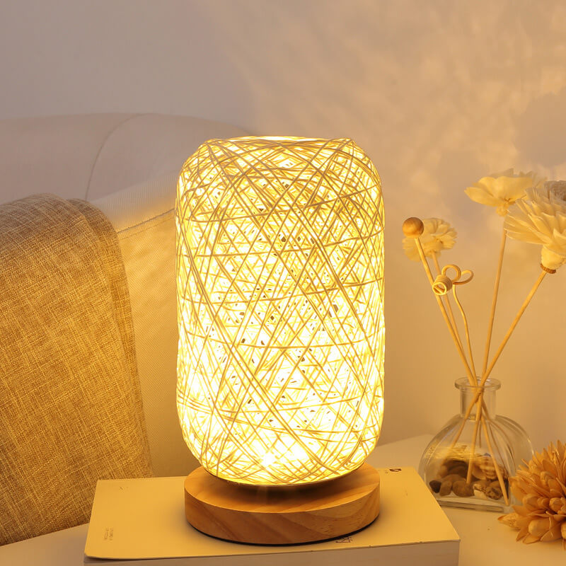 Industriële Rotan & Houten Tafellamp – Beige/Bruin – 5V LED 3W 300lm