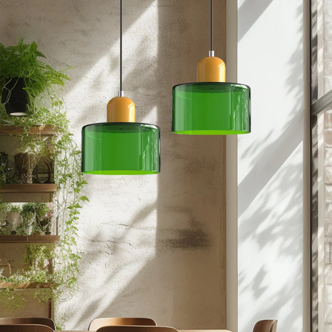 Tusa – Retro Hanglamp met Oranje Glazen Kap & Groene Bovenzijde