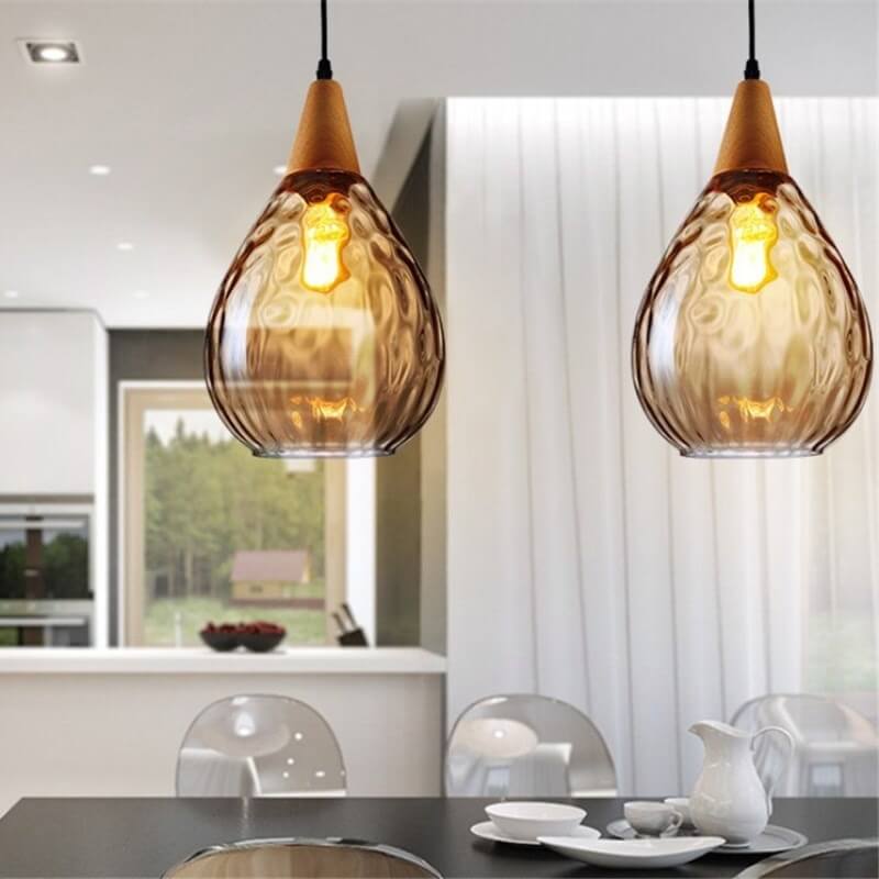 Moderne Glazen Hanglamp – Clear, Amber of Smoke Gray met Houten Accent