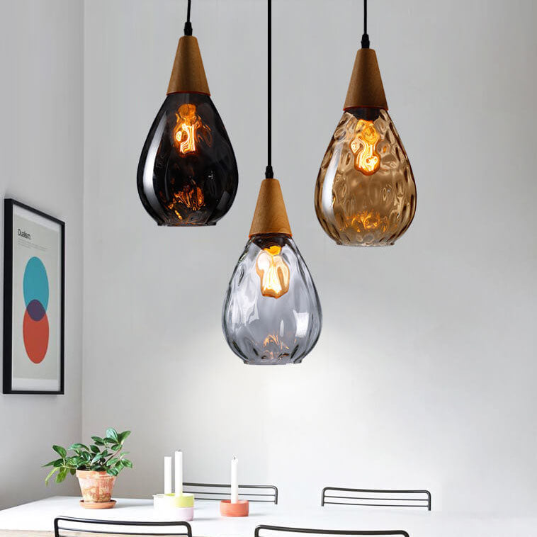 Moderne Glazen Hanglamp – Clear, Amber of Smoke Gray met Houten Accent