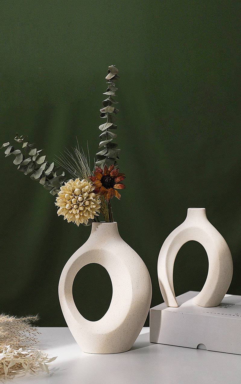 Lumio – Japandi Set van 2 Beige Keramische Vazen Minimalistisch Design