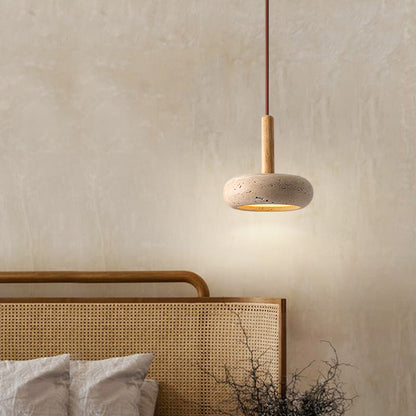 Japanse Hanglamp – Geel Travertin met Houten Accent en Geïntegreerde LED