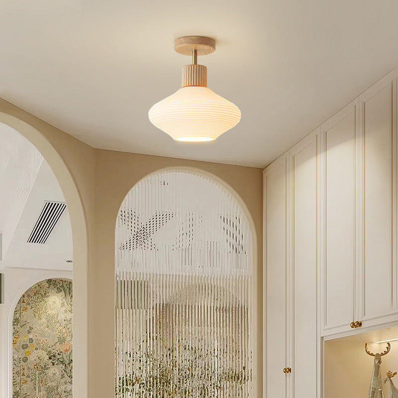 Moderne Japandi Plafondlamp – Walnoot & Hout met Glazen Kap