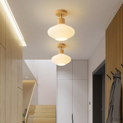 Moderne Japandi Plafondlamp – Walnoot & Hout met Glazen Kap