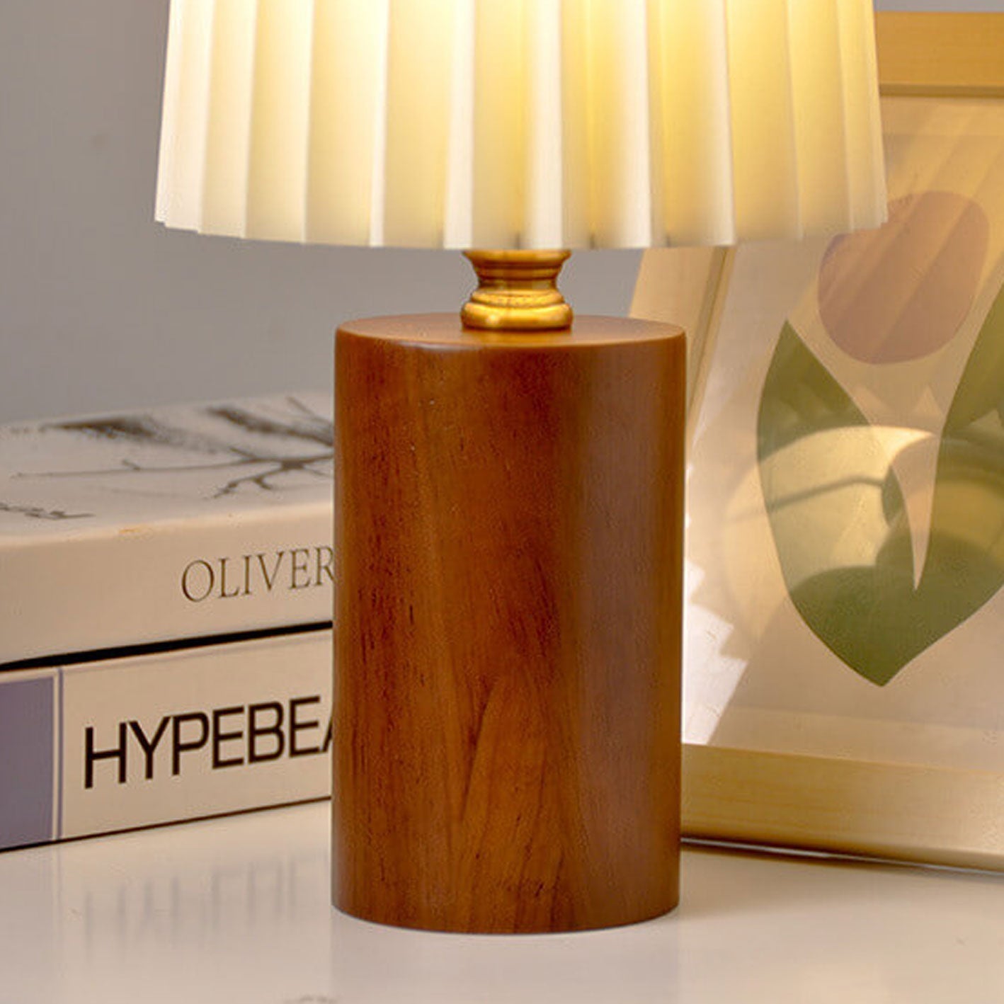 Houten Japandi Tafellamp met Stoffen Kap